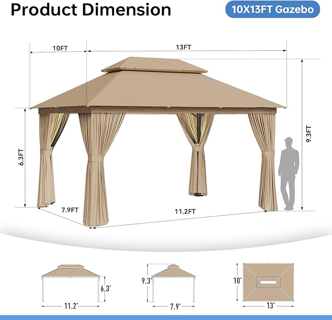 Outdoor Gazebo Metal Frame Patio Pergola Double Roofs Patio Canopy with Double-Layer Door and Mosquito Netting for Deck, Backyard, Lawn (Beige, 10x13FT)
