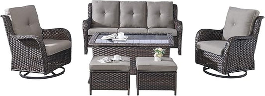 Rilyson 6 Piece Outdoor Patio Furniture Set - Rattan Wicker Patio Conversation Sets with 2 Swivel Rocker Chairs,2 Ottomans,1 Sofa and 1 Coffee Table for Outside Porch Deck Backyard(Brown/Grey)