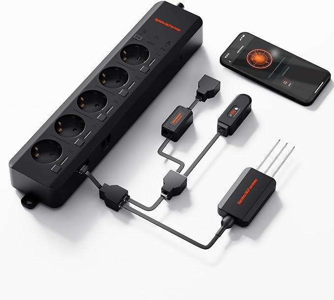 Spider Farmer GGS AC5 Power Strip Kits, 5 AC Smart APP-Based Controls Outlets, 3 in 1 Soil Sensor, Temp Humid Light Sensor, for Indoor Grow Tent and Room