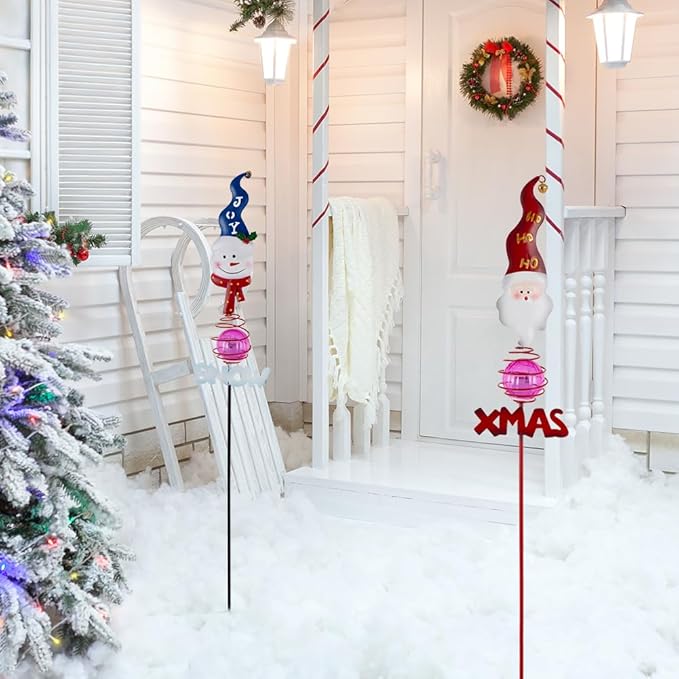 Solar Christmas Decorations Outdoor,2 Pack Snowman&Santa Claus Xmas Pathways Lights,Christmas Solar Garden Stake Lights for Outside Lawn Patio Landscape