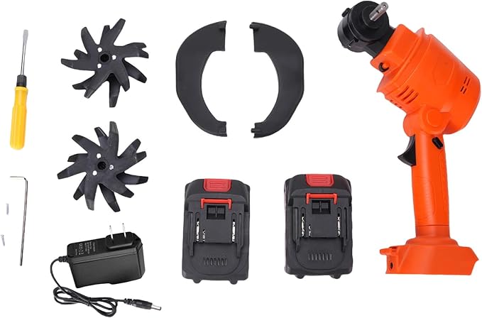 24V Cordless Electric Tiller with 2 Rechargeable Batteries, Handheld Garden Cultivator for Soil Aeration, Weeding, Lawn Trenching | Mini Hand Tillers for Gardening | Hand Held Battery Powered Tiller