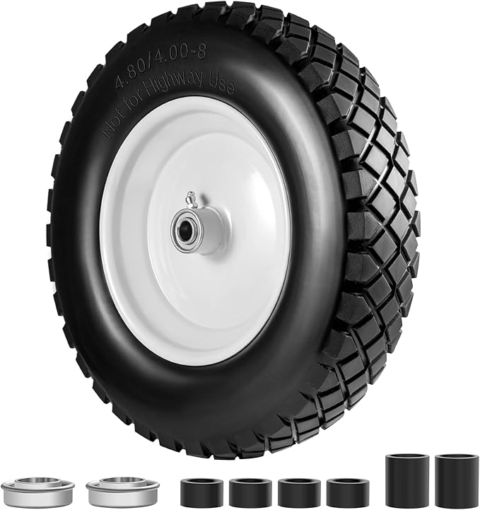 4.80/4.00-8" Tire and Wheel Flat Free 2 PCS, 16" Solid Wheelbarrow Tire with 5/8" & 3/4" Bearings,3"-7" Centered Hub, 14"-16" Universal Fit for Hand Truck/Garden Trailer/Trolley/Wagon