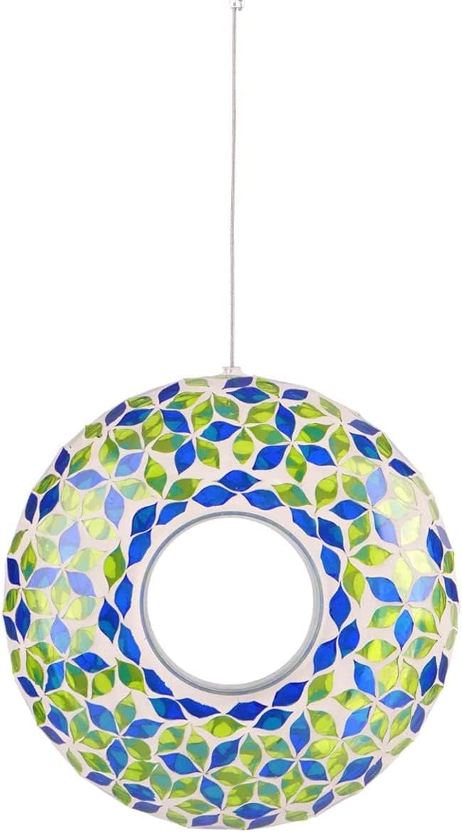 Mosaic Bird Feeder - Outdoor Fly Through Wild Hanging Bird Feeders with Mosaic Glass Design for Garden, Yard, Backyard, Deck and Porch Decor, 9 Inch