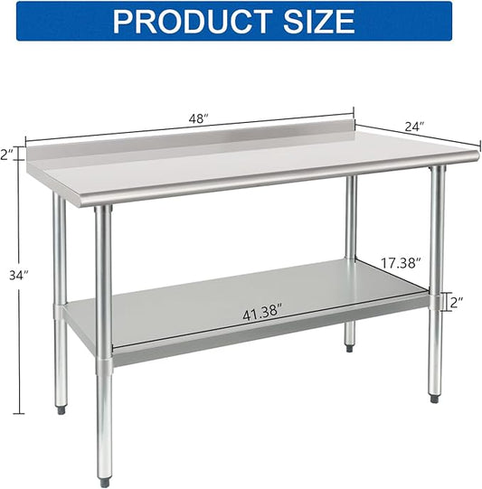 HARDURA Stainless Steel Table Prep & Work Table 24 x 48 Inches NSF Heavy Duty Commercial with Undershelf and Backsplash for Restaurant Kitchen Home and Hotel