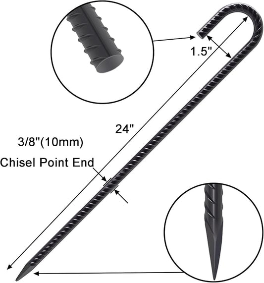 VVOKGO Rebar Stakes 24 Inch J Hook Heavy Duty Ground Anchors (16pcs), 3/8 Inch Diameter Metal Steel Extra Long Fence Stakes with Chisel Point End for Greenhouse, Gazebo, Carport, Camping Tents, Black
