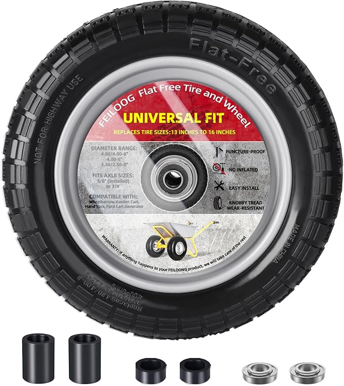 4.80/4.00-8 Tire and Wheel, 14.5" Flat Free Wheelbarrow Tire, 5/8" 3/4" Bearings Universal Solid Replacement Tires, 3" -7" Centered Hub for Hand Truck, Garden Cart, Includes Spacer Kit