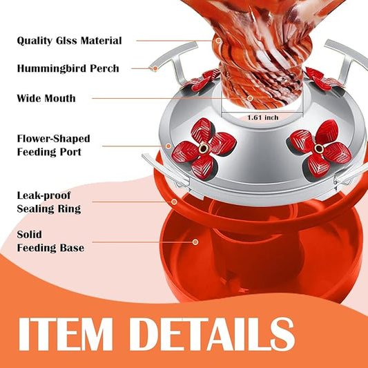 Hand Blown Glass Hummingbird Feeder with Ant Moat 25.4 OZ Large Capacity Hanging Bird Feeder for Backyard Garden Outdoors Decorations Hook Brush Rope Included (Red)