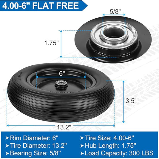 4.00-6 Flat Free Wheelbarrow Tires and Wheels, 13 Inch Wheelbarrow Tires with 5/8" or 3/4" Bearings, 1.75'' Centered Hub Hand Truck Solid Wheels Replacement for Hand Trucks, Dolly Trolleies, 2 PCS