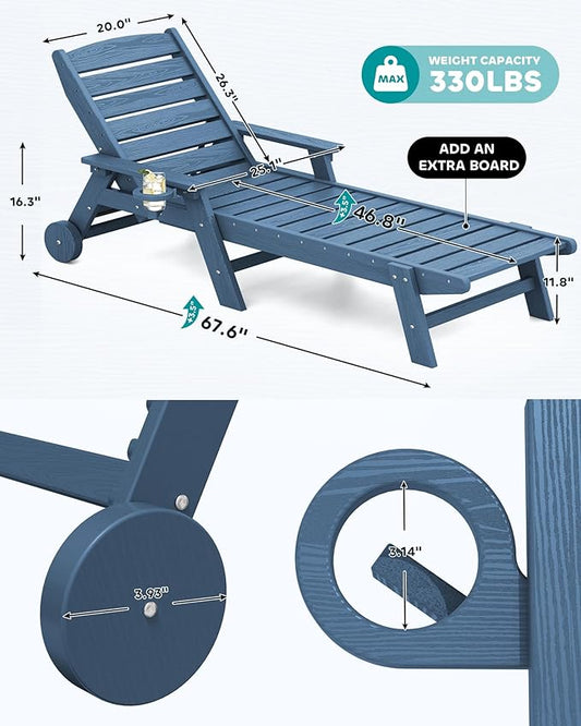SERWALL Patio Chaise Lounge Chair Set of 4, 5 Positions Adjustable Poly Outdoor Lounge Chair for Pool, HDPE Lounge Chair with Rolling Wheels & Cup Holder for Poolside, Deck, Blue