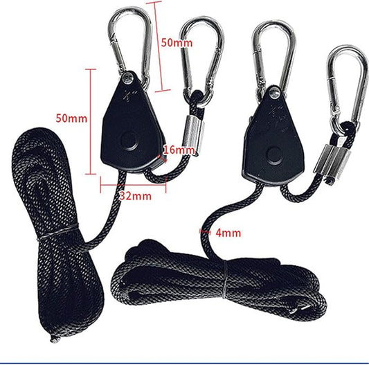 Grow Light Rope Hanger 3Pairs,1/8" 8-Feet Long Heavy Duty Adjustable Rope Clip Hanger, Adjustable Rope Ratchet Hangers 150 Lbs per Pair with Stainless Steel 2.5" S Hook