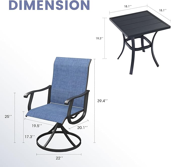 VICLLAX 3 Pieces Small Outdoor Furniture, 2 Patio Swivel Chairs and Small Square Outdoor Table for 2, Blue Chairs & Black
