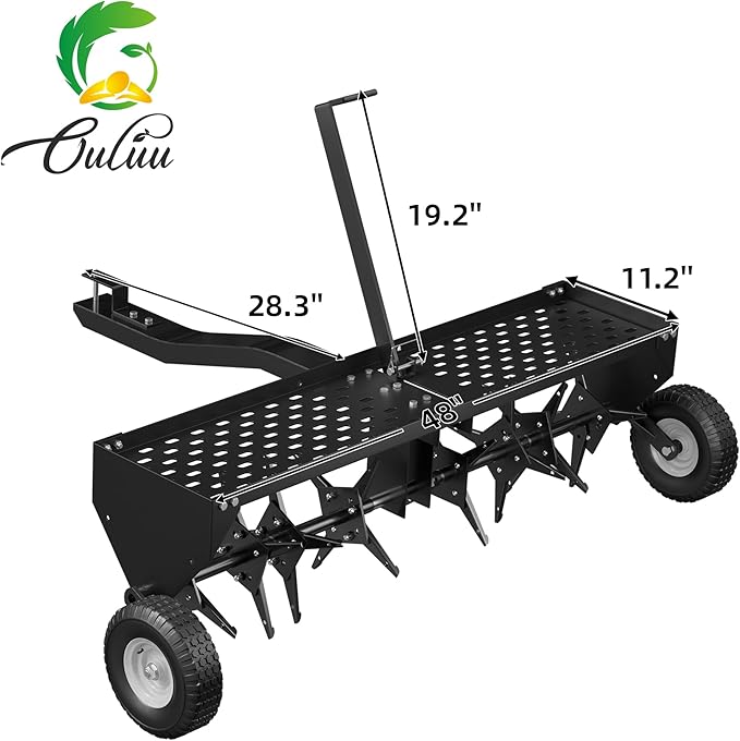 48" Lawn Aerator Tow Behind, Pull Behind Aerator with Universal Hitch, 32 Galvanized Steel Tines, Tray and Pneumatic Tires, Plug Behind Aerator is Suitable for Gardens, Lawns and Farms