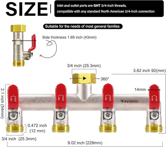 4 Way Garden Hose Splitter, Heavy Duty Brass Nickel Plated Rust Resistant Faucet Manifold, 3/4" Frost Resistant Outdoor Hose Adapter Connector,Hose Spigot Adapter with 4 large red handles