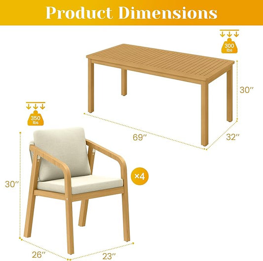 5-Piece Outdoor Dining Set for 4 with 23" Extra Wide Chair and Cushion,Patio Table and Chairs Set with All Acacia Wood Frame, All-Weather Outdoor Patio Furniture Set for Garden Lawn, Beige