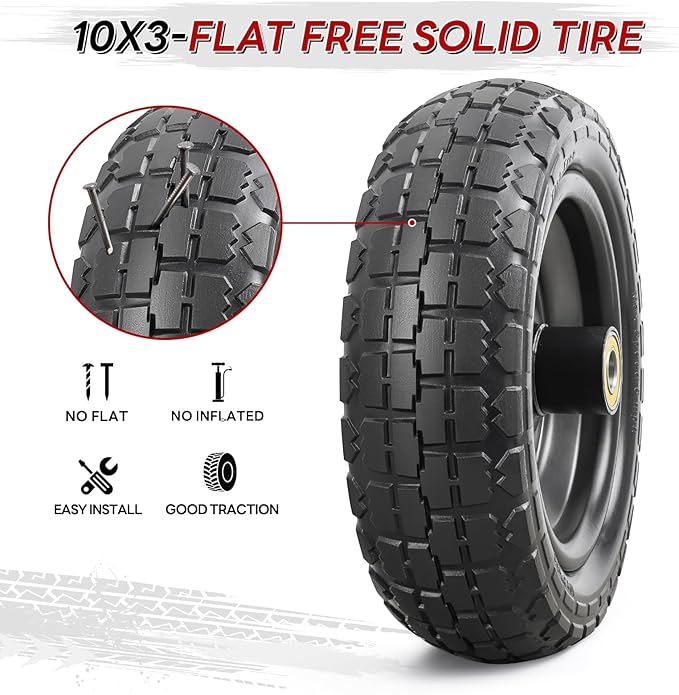 2 Pcs 10” Solid Tires, 10" x 3" Flat Free Tire and Wheel with 5/8” Axle Bore Hole and Double Sealed Bearings,2.1" Offset Hub Compatible with 10x3 Hand Truck, Wheelbarrow, Lawn Mower Tires