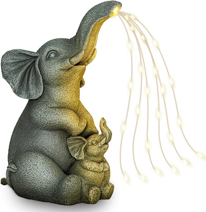 Solar Garden Outdoor Statue with 30 LED Lights - Lawn Decor Elephant Figurine for Patio, Balcony, Yard Ornament - Unique Housewarming Lucky Elephant Mother Gift