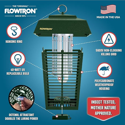 Flowtron Bug Zapper, 1 Acre of Outdoor Coverage with Powerful 40W Bulb & 5600V Instant Killing Grid, Electric Insect, Fly & Mosquito Zapper, Made in The USA - Green Color
