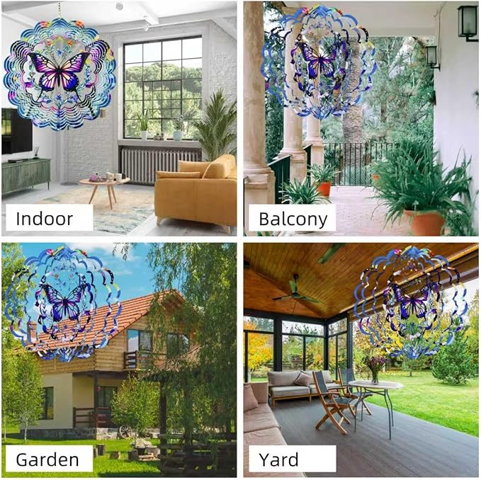 Metal Wind Spinners Outdoor Hanging Wind Spinner for Yard and Garden Decor for Outside-12In 3D Stainless Steel Butterfly Wind Chime Gifts for Women Mom