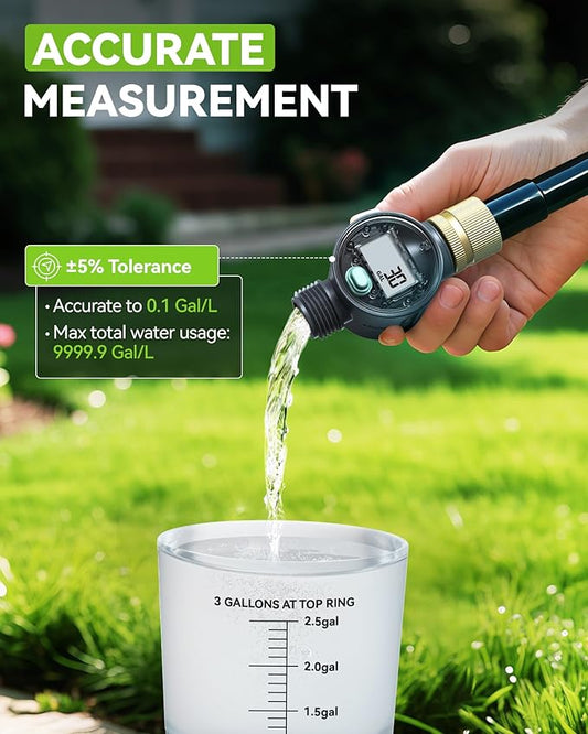 RAINPOINT Water Flow Meter with Brass Inlet, Water Meter for RV Tank Filling, Garden Hose Watering, Lawn Sprinkler & Nozzle Sprayer, ±5% Accuracy, Max Measured Consumption of 9999.9 Gallon/Liter