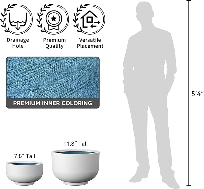 Kante 13.8 Inch Dia Concrete Bowl Planter, Large Tapered Bottom Plant Pot with Drainage, Smooth White Finish with Aqua Blue Interior, Ideal for Porch, Home, Garden, Patio