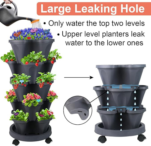 Vertical Planter, 5 Tier Stackable Strawberry Planter with Garden Tool Set, Movable Indoor/Outdoor Garden Herb Pot for Growing Vegetables and Succulents, Dark Gray