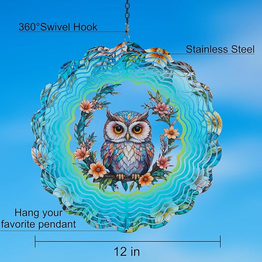Metal Wind Spinners for Outdoor,Birthday Gifts for Women Mom Grandma, 12 Inch Owl Wind Spinner Bird Devices Deterrent to Scare Birds Away from Yard Patio Farm, Kinetic Sculpture Garden Decor