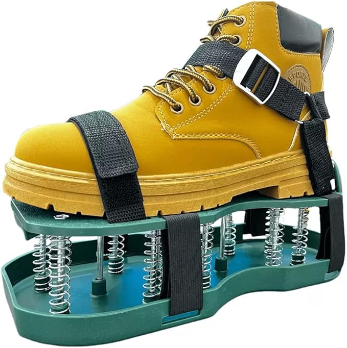 Lawn Aerator Shoes for Grass, Double Layer with Spiked Bottom and Spring Base, Soil Yard Aerator Tool for Aerating Patio Garden with Adjustable Strap, Moss Green