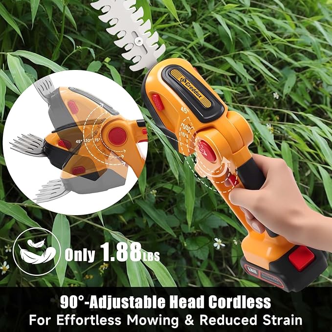 Cordless Hedge Trimmer, 2-in-1 Handheld Electric Hedge Trimmer/Grass Shears for Garden,Yard and Lawns, Shrub Trimmer with 2 PCS Rechargeable Battery&Charger (Yellow)