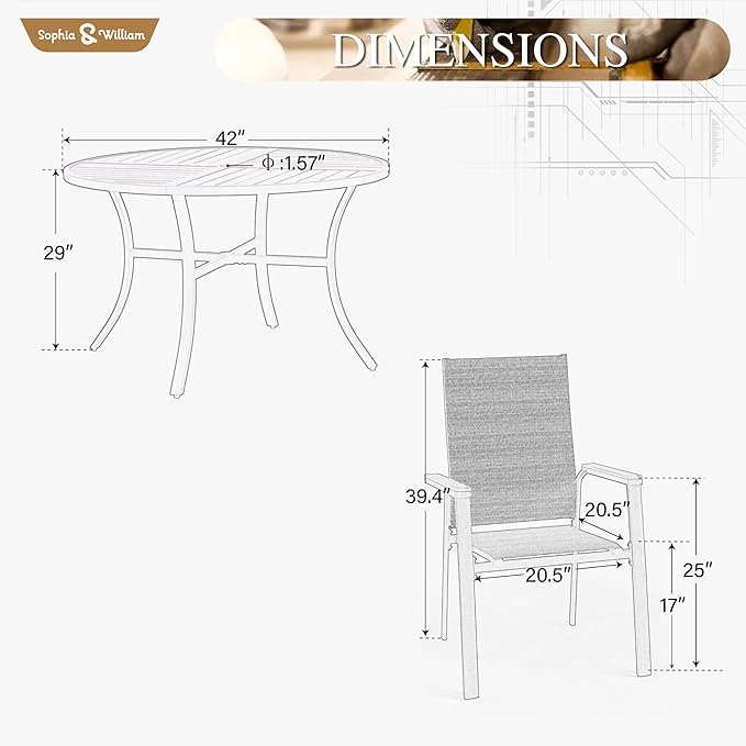 Sophia & William Patio Sets 5 Pieces, Lightweight Aluminum Dining Chairs with 42" Round Metal Dining Table, Stackable and Easy to Move for Lawn Garden Yard Porch (Grey)