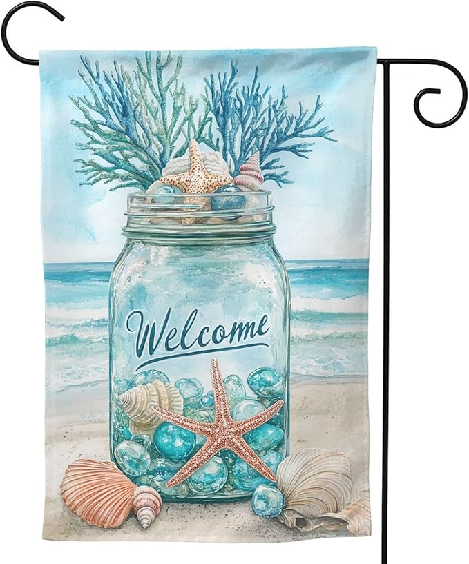 Seashells Ocean Garden Flag Vertical Double Sided Outdoor Yard Flags 12.5x18 Inch Burlap Banners Vertical Double Sided for Outdoor Decor Lawn