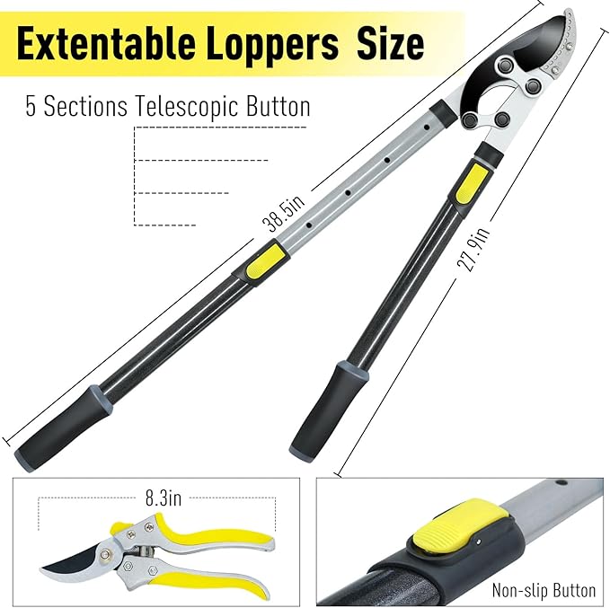 JARDINEER 3Pcs Branch Cutter Heavy Duty, Extendable Loppers for Tree Trimming, 28-38.5" Garden Lopper with 2 Inch Cutting Capacity, Include Pruning Shear and SK5 Spare Blade
