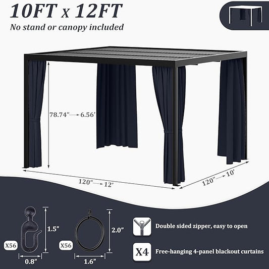 Gazebo Universal Replacement Privacy Curtain,10'×12' Gazebo Outdoor Waterproof Curtains, 4-Panels Sidewall Curtains with Double Zipper for Patio Canopy, Garden and Backyard (Curtain Only)