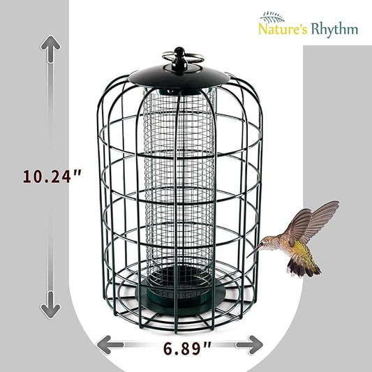 Nature's Rhythm Outdoor Hanging Bird Feeder Cage Mesh Tube Squirrel Proof Wild Bird Feeder with Large Metal Seed Guard Deterrent