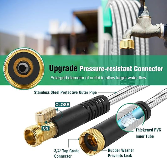 100FT Metal Garden Hose 304 Stainless Steel Flexible Water Hose - No Kink & Tangle Heavy Duty Pipe with Nozzle, Durable 3/4 Metal Fittings and Valve - Rust Proof Puncture Proof for Yard Lawn