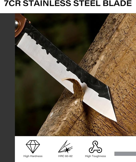 Dispatch EDC Pocket Knife, 2.8" Full Panel Plain Edge Blade Folding Knife with 7Cr13Mov Black Stonewashed Forged Blade & Red Bronze Electroplated Handle, Includes Black PU Sheath