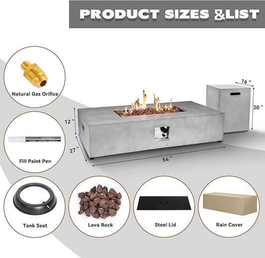 2-Piece 54" Outdoor Propane Fire Pit Table Set W 16" Tank Cover Side Table, 50,000 BTU Rectangle Concrete Fire Pit Coffee Table, Lava Rocks, Rain Cover for Patio, Backyard, Garden, Porch, Deck