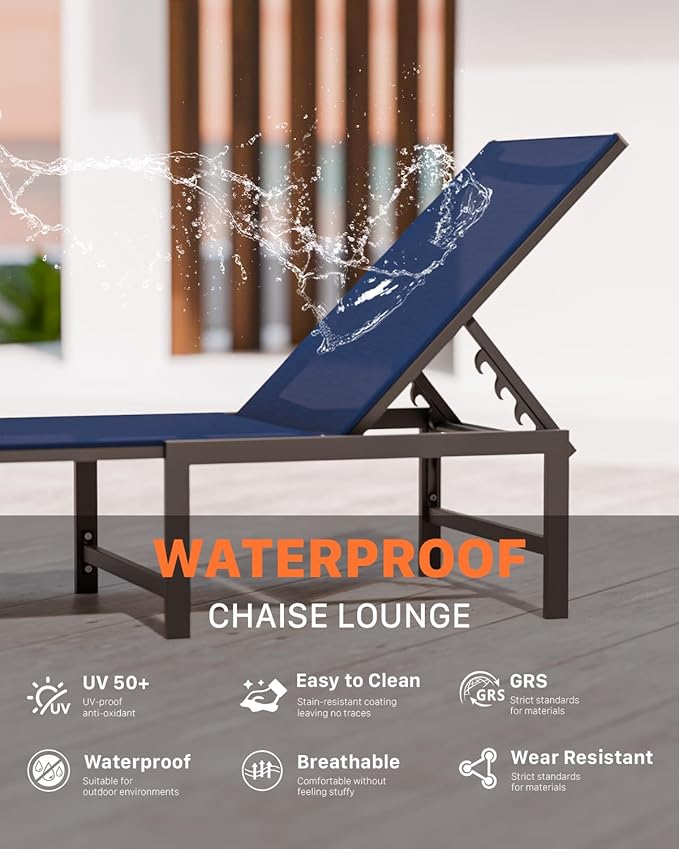 Chaise Lounge Chair Outdoor, Aluminum PatioChairs with 5 Adjustable Backrest and HeadrestPillows for Outside Beach,NavyBlue