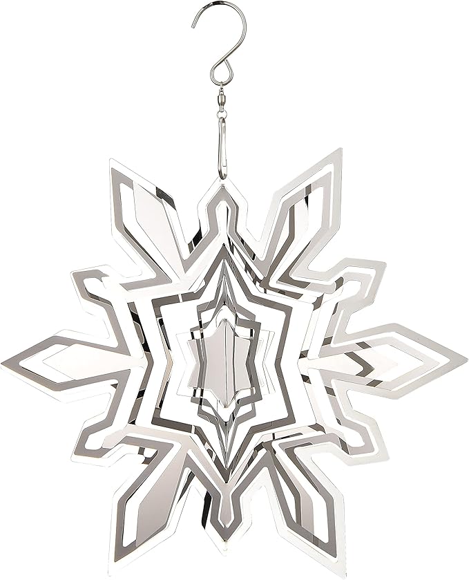 Hanging Wind Spinner Outdoor Metal Decorations, Silver Wind Spinners for Yard and Garden, 3D Mirror Stainless Steel Wind Sculptur Chime Indoor Outdoor Garden Decoration Worth Gift (Snowflake)