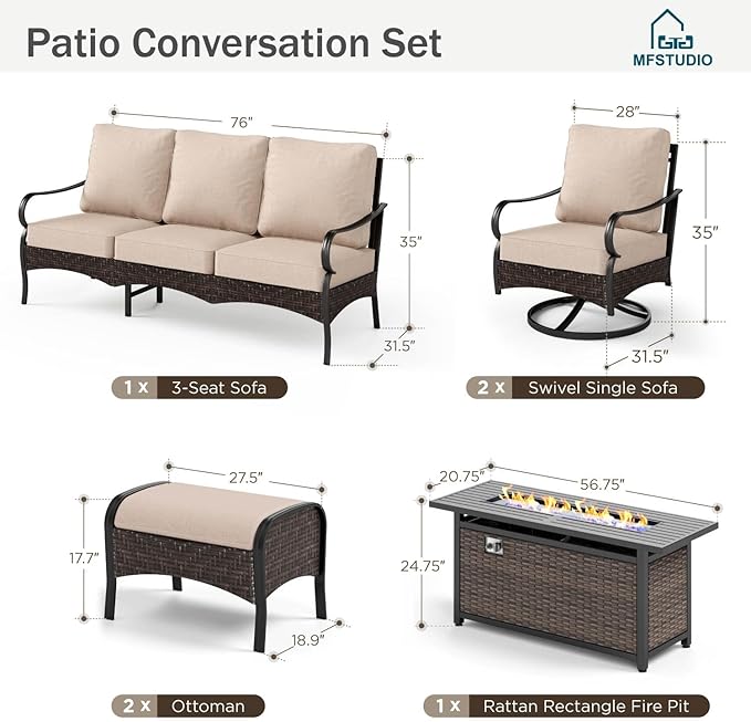 MFSTUDIO 6 PCS Outdoor Patio Furniture Set, Metal Outdoor Conversation Set, Rattan Wicker Patio Sectional with 2 x Swivel Single Sofa, 3-Seat Sofa, 2 x Ottoman, 1 x Fire Pit Table, Beige