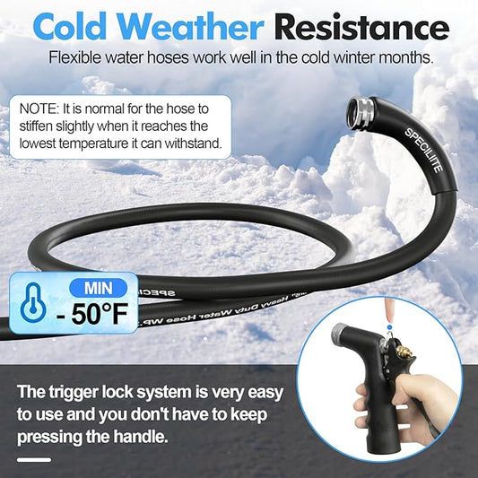 SPECILITE 5/8" Hot/Cold Garden Hose 200 ft with Industrial High Pressure Nozzle, Flexible & Lightweight, 600psi Burst Rubber Water hose -50℉-158℉ With 3/4"Stainless Steel Fittings for Yard, Black