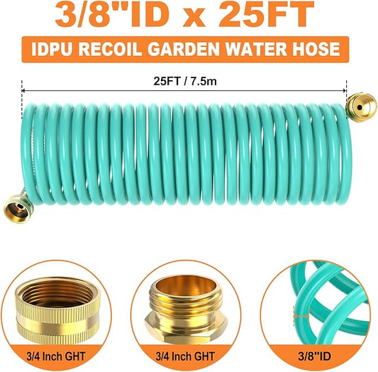 GASHER 25FT PU Recoil Garden Water Hose with 3/4"Inch Brass Fittings Retractable, Swivel Female for Boating, Pool & Spa, RV, Home and Garden(Blue)