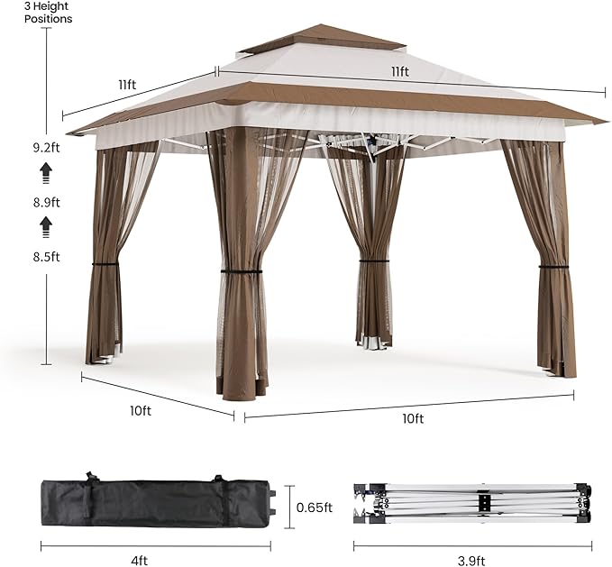Bealife 11x11 Pop Up Gazebo Tent with Mosquito Netting, Outoor Canopy Tent with 4 Sandbags, 8 Stakes, 4 Ropes, Roller Bag, Pop Up Canopy Tent for Lawn Backyard Garden Deck, Beige