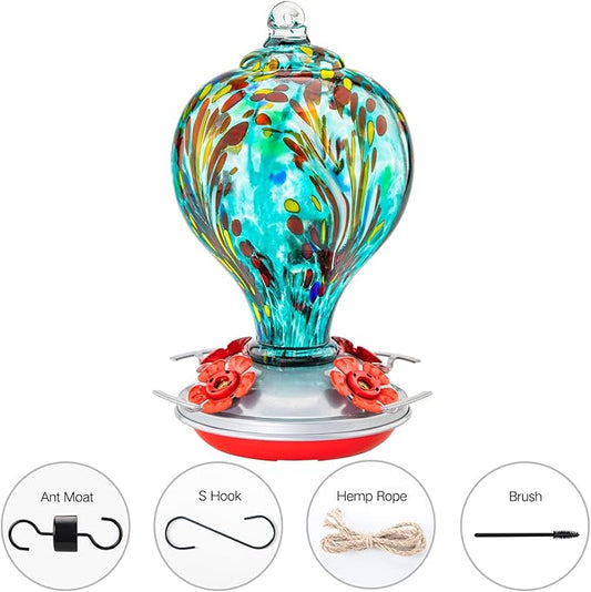 Hummingbird Feeders 32OZ Glass Hummingbird Feeder with Ant Moat, Yard Porch Decor (Teal Blue)