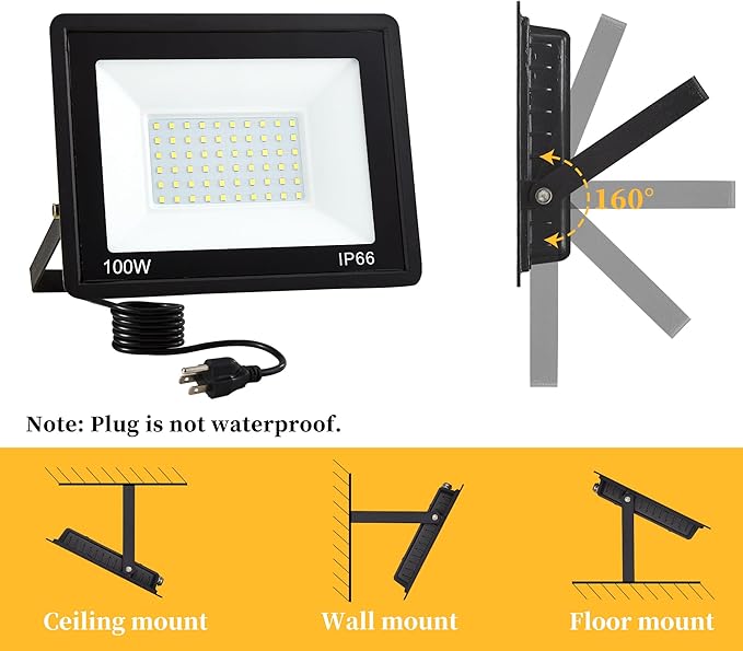 4 Pack 100W LED Flood Lights Outdoor, 10000 LM Super Bright Security Lights, Portable IP66 Waterproof LED Work Light with Plug, 6000K Daylight White Floodlights for Garage Yard Garden Playground