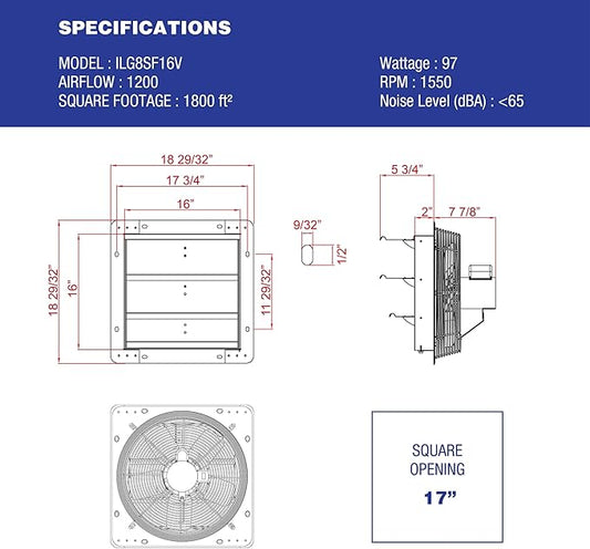 iLiving - 16" Wall Mounted Exhaust Fan - Automatic Shutter - Variable Speed - Vent Fan For Home Attic, Shed, or Garage Ventilation, 1200 CFM, 1800 SQF Coverage Area (Power Cord Not Included)