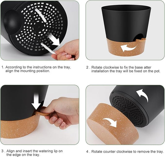 10-Inch Plant Pots, Self-Watering Planters with Drainage Holes & Saucers for Indoor and Outdoor Plants (2-Pack, Black)