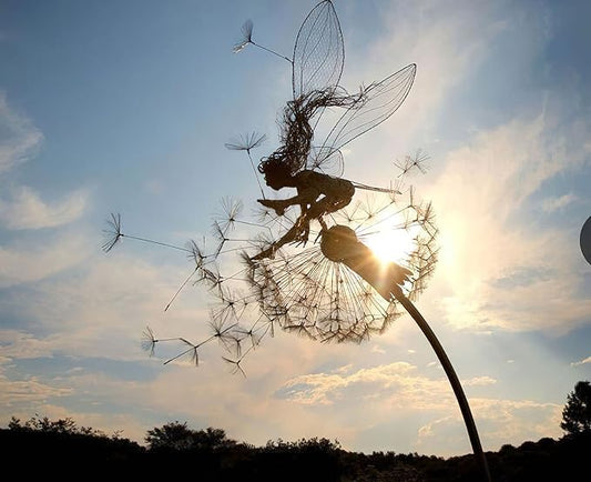 Flower Fairy Dancing with Dandelion Garden Art Sculpture Stainless Steel Statue Christmas Halloween Decoration for Outdoor Yard Courtyard Lawn Patio Metal Ornaments (Hurdle)
