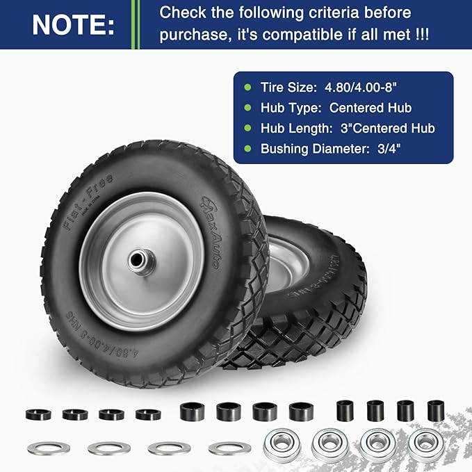 MaxAuto Wheelbarrow Tires 4.80 4.00-8 Flat-Free 4.80/4.00-8 Tire and Wheel w/Grease Fitting, 3" Centered Hub, 3/4" Bearings, 4.80 4.00-8 Tire for Hand Truck, Trolley, Garden Cart, Wagons, Gray