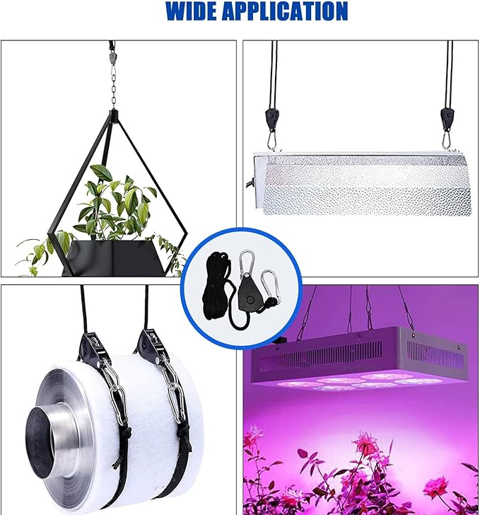 Grow Light Rope Hanger 50Pairs,1/8" 8-Feet Long Heavy Duty Adjustable Rope Clip Hanger, Adjustable Rope Ratchet Hangers 150 Lbs per Pair Used with Grow Light, Grow Bags