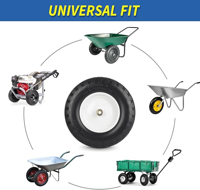 4.80/4.00-8" Wheelbarrow Tire, 16" Flat-Free Solid Tire and Wheel, 3-6" Centered Hub, 5/8" & 3/4" Bearing, For Broadcast Spreader Garden Wagon Cart Trolley Dolly (1 Pack)